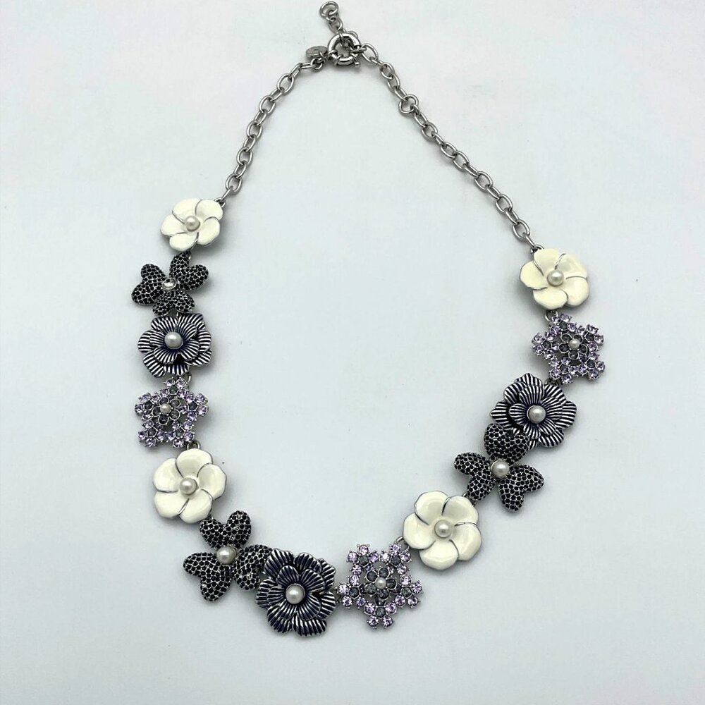 Talbots Silvertone 20 in Floral Statement Necklace Simulated Pearls & Gemstones - Picture 2 of 5
